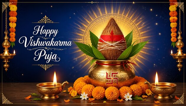 Happy Vishwakarma Puja greeting card with holy mangal kalash swastika and oil lamps