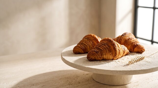 Fresh golden croissants on stone pedestal platter provide delicious breakfast snack for bakery menu.