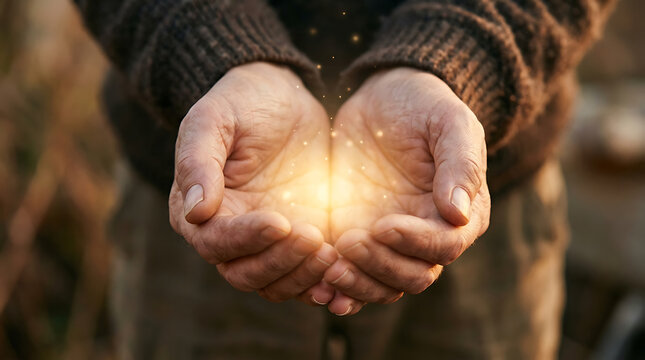 Human hands are cupped together, holding a vibrant, glowing light that emanates warmth and a sense of magic or divine energy in a dimly lit, natural setting.