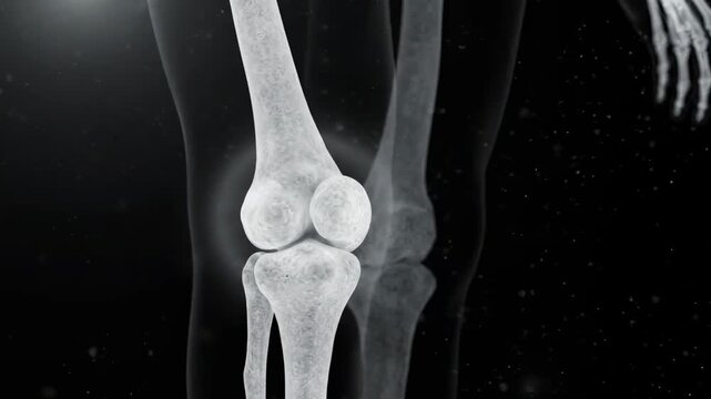 High-contrast X-ray footage of a human knee joint highlighting bone structure and articulation ideal for medical education and orthopedic marketing materials.