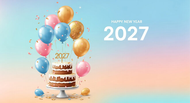 Happy New Year 2027 Celebration Banner with Cake and Pastel Balloons. Golden Number Cake Topper Design. Festive Holiday Greeting Background with Confetti. Commercial Text Element Template for