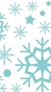 Animation of snowflakes and stars falling on white background