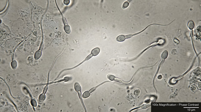 Close-up of Male and Female Sperm Cells in Semen Sample