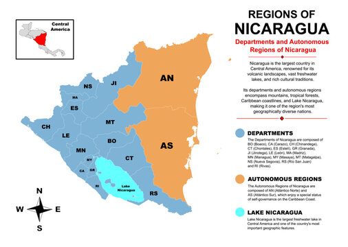 Nicaragua Regions Map &mdash; Departments and Autonomous Regions