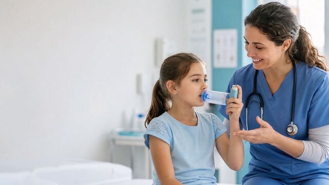 Pediatric Nurse Assisting Young Girl Using Asthma Inhaler With Spacer