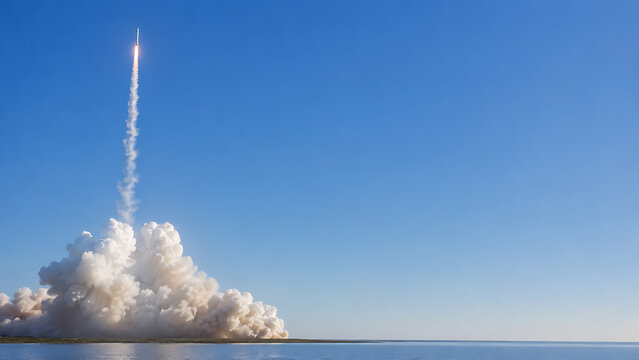 Rocket ascending above coastal launch site with smoke plume