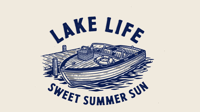 Vintage Retro Lake Life Summer Boat Docked at Wooden Pier Illustration Graphic with Sweet Summer Sun Quote for T-shirt Design Print and Apparel Merchandise