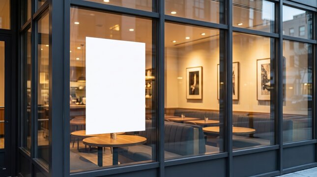 Blank vertical poster mockup on modern cafe glass storefront window