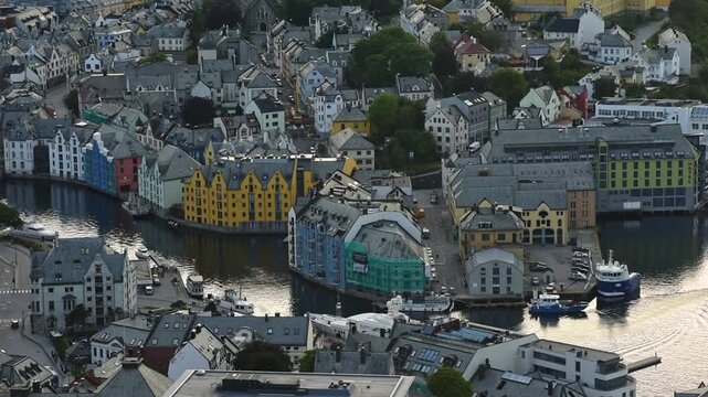 Art Nouveau warehouses along Brosundet from above, Alesund, More og Romsdal, Norway