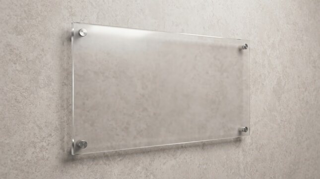 Clear acrylic glass sign plate mockup with metal standoffs on concrete