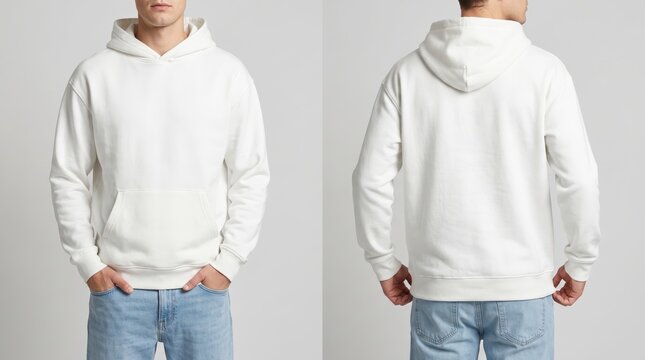 Man wearing blank white fleece pullover hoodie mockup, front and back view