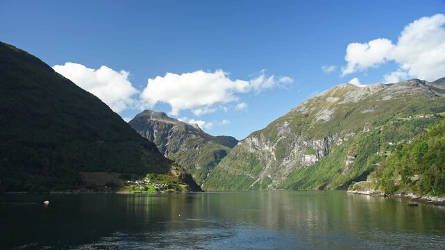 Geirangerfjord and green mountainsides from the water, More og Romsdal, Norway