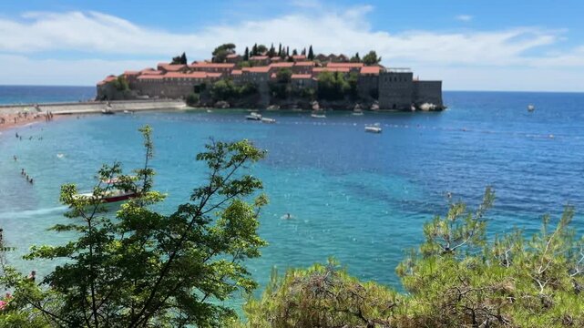 panoramic view of Sveti Stefan island and beautiful coastline in Budva, Montenegro