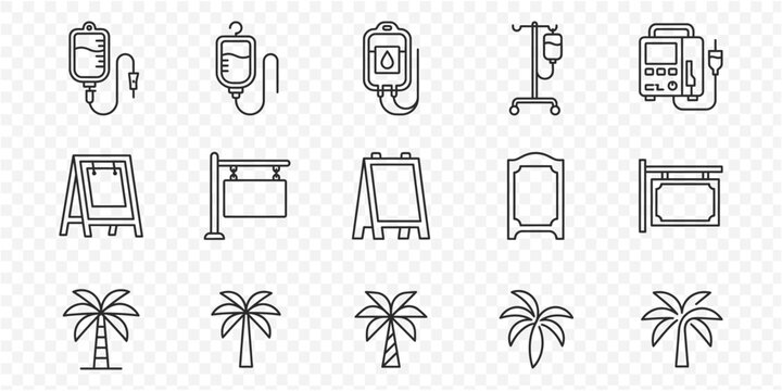 Communication Mail Envelope and Billboard Signage Line Icon Set - Email Letter, Message Contact, Outdoor Banner and Palm Trees Vector