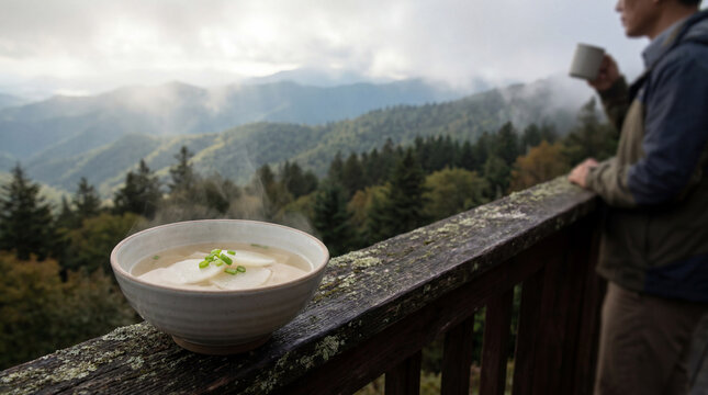 Steaming bowl of Korean radish soup on wooden balcony railing with misty forest mountain peaks background