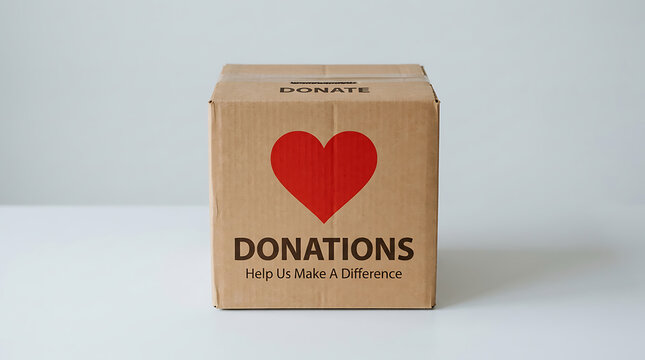 A brown cardboard donations box featuring a prominent red heart and the word 'DONATIONS' printed on its side sits on a clean white surface, symbolizing charitable giving and community support.