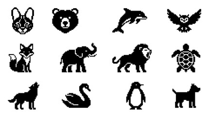 Obraz premium Pixel art wild and domestic animal icons.
