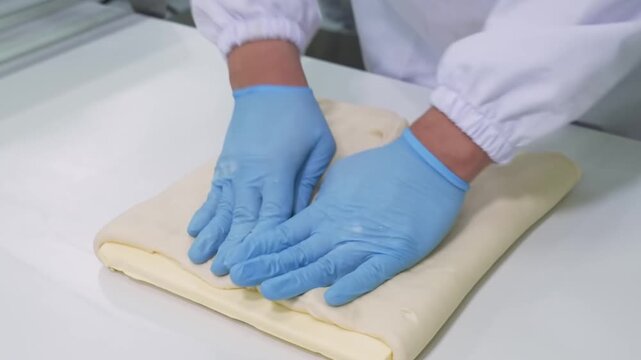 Top-down view gloved hands flatten pale dough sheet on clean white counter essential for sterile kitchen or lab food prep, with glove, hand, blue, nitrile detail