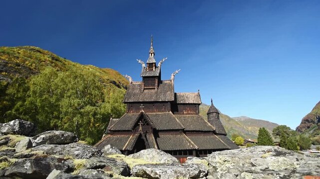Tiered shingled roofs of Borgund Stave Church, Laerdal, Vestland, Norway