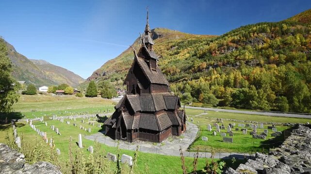 Borgund Stave Church and graveyard in the Laerdal valley, Vestland, Norway