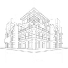 Obraz premium Corporate Wireframe Sketch of Modern Multi Story Building with Geometric Design and Isometric Perspective