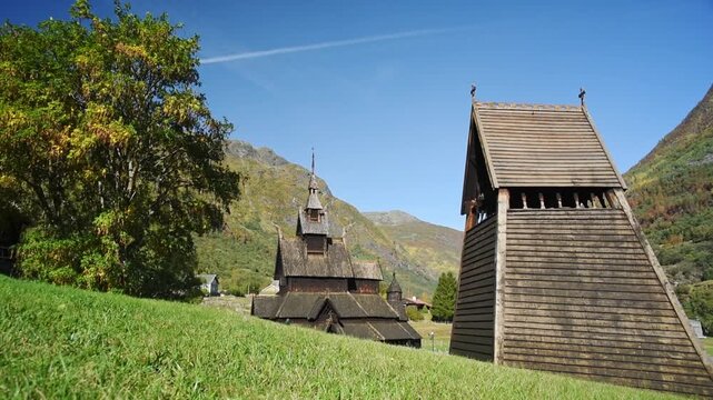 Borgund Stave Church and its wooden bell tower, Laerdal, Vestland, Norway