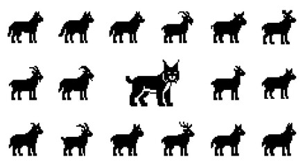 Fototapeta premium Quadruped animal silhouettes in minimalist pixel art style.