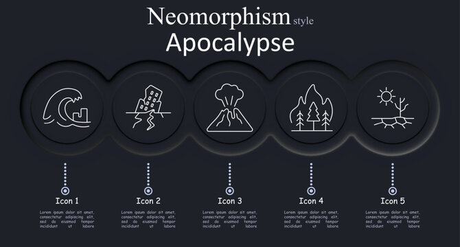 Apocalypse set icon. Giant wave overwhelms city structures. Collapsed building tilts cracked ground. Erupting volcano spews smoke ash. Burning trees blaze forest hills. Scorching sun dries