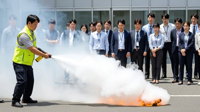 Business - Korean safety training with fire extinguisher outdoors
