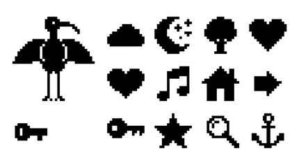 Fototapeta premium Retro 8-bit pixel art symbols of nature, music, and tools.