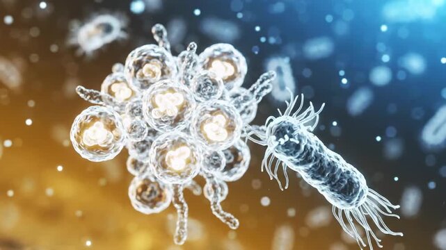 Highly detailed 3D render of bacteria cluster and pathogens showcasing realistic cellular structures ideal for medical animations, educational content, and healthcare marketing materials.