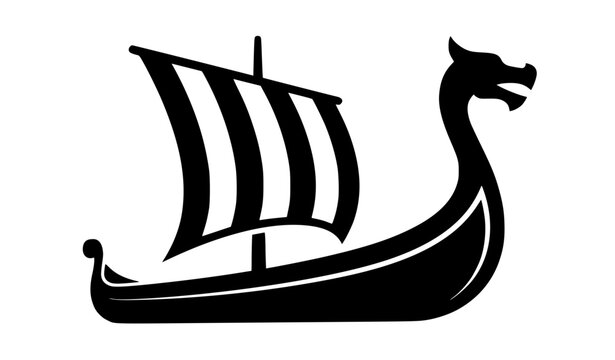 Bold Viking longship black silhouette with dragon bow and triangular sail vector icon