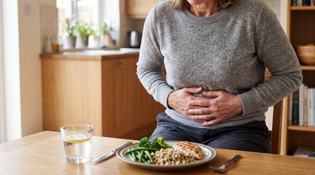 Woman experiencing stomach pain after eating a healthy meal at home