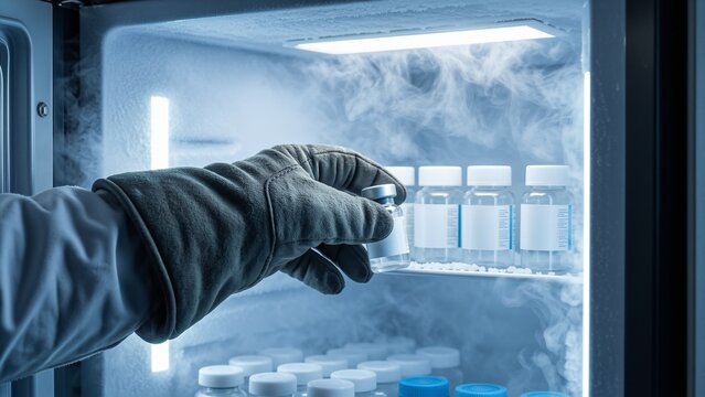 Medical - Researcher in cryo glove taking vaccine vial from ultra low freezer