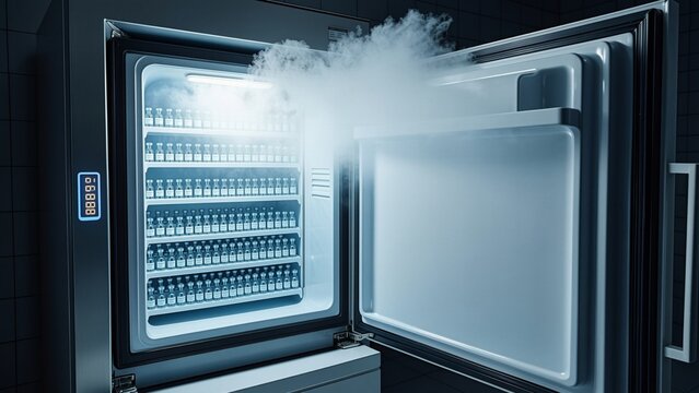 Medical - Vaccine ultra-low temperature freezer with open door and cold vapor