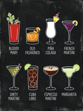 Vintage Cocktail Menu Illustration with Popular Alcoholic Drinks on Textured Chalkboard Background