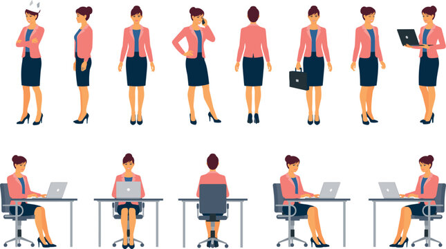 Flat design businesswoman vector character sheet set showing female manager working at office desk and standing from different angles