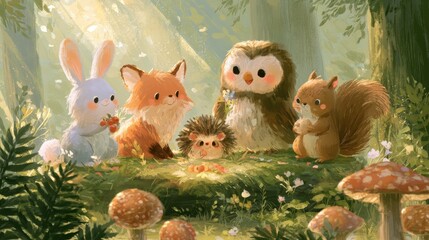 Fototapeta premium Playful small animals from a woodland watercolor illustration in a serene glade