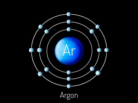 Argon atom on black background. Chemical number 18 from the periodic table. Atomic structure, illustration.