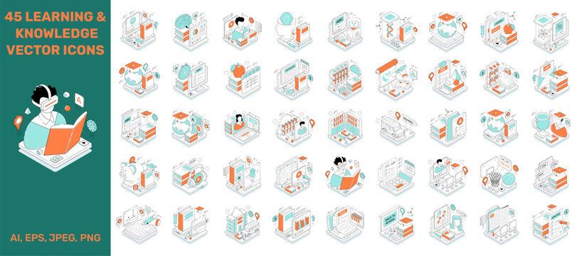 Learning and knowledge concept isometric style illustrations available for instant download. Editable stroke vectors.