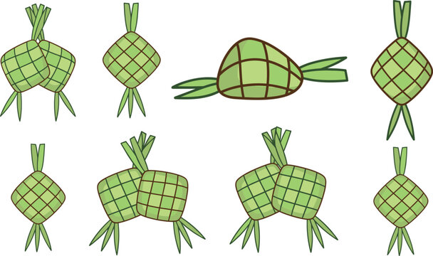 Ketupat vector icon collection featuring traditional woven palm leaf rice cakes for Ramadan and Hari Raya celebration greetings
