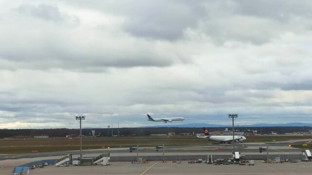 Frankfurt am Main Airport (FRA): planes on the runway are preparing for departure. Europe's largest hub with 4 runways, Lufthansa base. A symbol of aviation and travel.