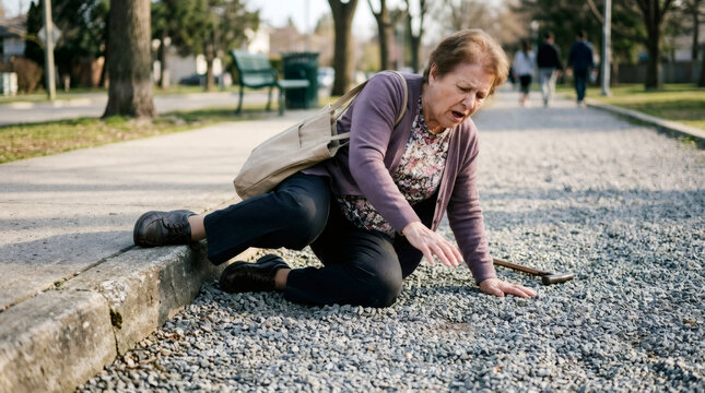 Senior woman fallen on sidewalk in city park. Elderly lady with cane and bag dropped on ground. Accident, injury and fall risk of old people. Healthcare and safety of senior citizens concept.