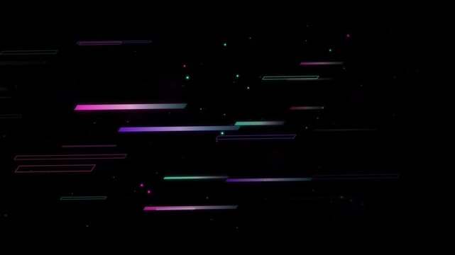 A seamless looping motion graphic featuring neon pink cybernetic ribbons and glowing quantum particles flowing along sinusoidal trajectories on a dark background. Perfect for futuristic technology pro