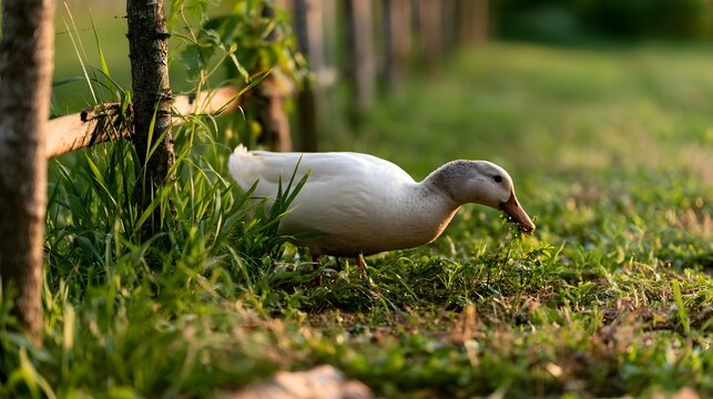 A white duck grazes peacefully in a sunlit grassy field beside a rustic wooden fence with trees in the background