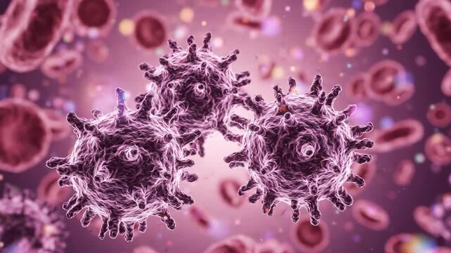 Highly detailed 3D render of virus particles attacking red blood cells ideal for medical animations, scientific research presentations, and health awareness campaigns.