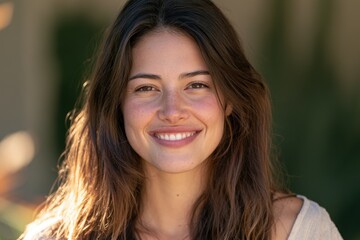 Fototapeta premium Portrait of a smiling young woman looking at the camera in soft natural light