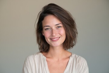 Obraz premium Portrait of a smiling young woman looking directly at the camera in a professional studio setting