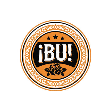 Logotipo vintage circular con texto BU, emblema retro con rosa y estrellas, sello decorativo naranja y negro para identidad de marca