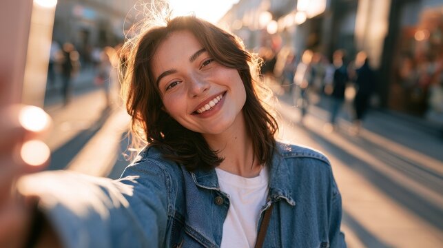 Portrait of a woman taking a selfie with a smartphone on a sunlit urban street